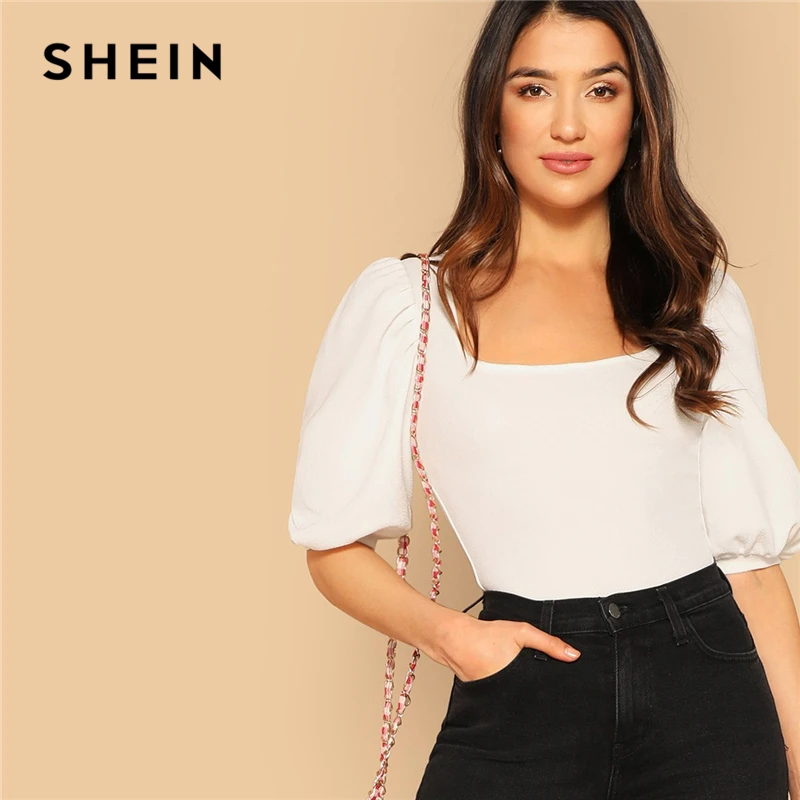 SHEIN Однотонный Топ С Оригинальным Рукавом И Квадратным Воротником Женская Летняя Белая Элегантная Блузка С Пышными Рукавами