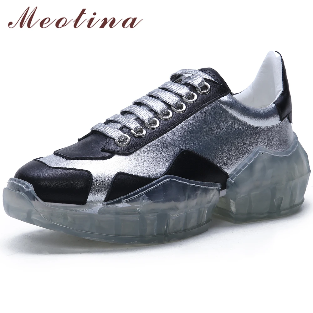 

Meotina Women Shoes Casual Flats Sneakers Natural Genuine Leather Flat Platform Shoes Transparent Lace Up Shoes Lady Size 34-39