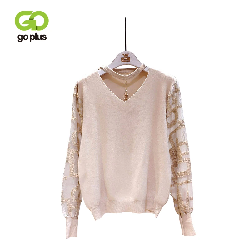 

GOPLUS Lace Stitching Women's Knitted Sweater Sexy Halter V Neck Long Sleeve Pullover Sweater Women 2019 Autumn Loose Clothing