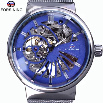 

Forsining Classic Blue Dial Silver Steel Fashion Casual Transparent Case Mens Mechanical Watches Top Brand Luxury Skeleton Clock
