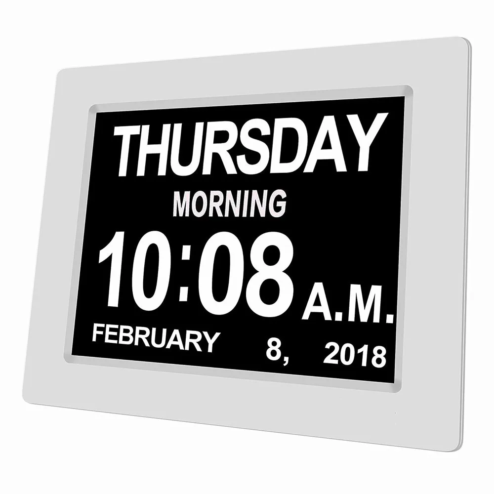 

8 Language Digital Alarm Clock Extra Large Non-Abbreviated Electronic Day Clock Memory Loss Elderly & Vision Impairment 8 inch