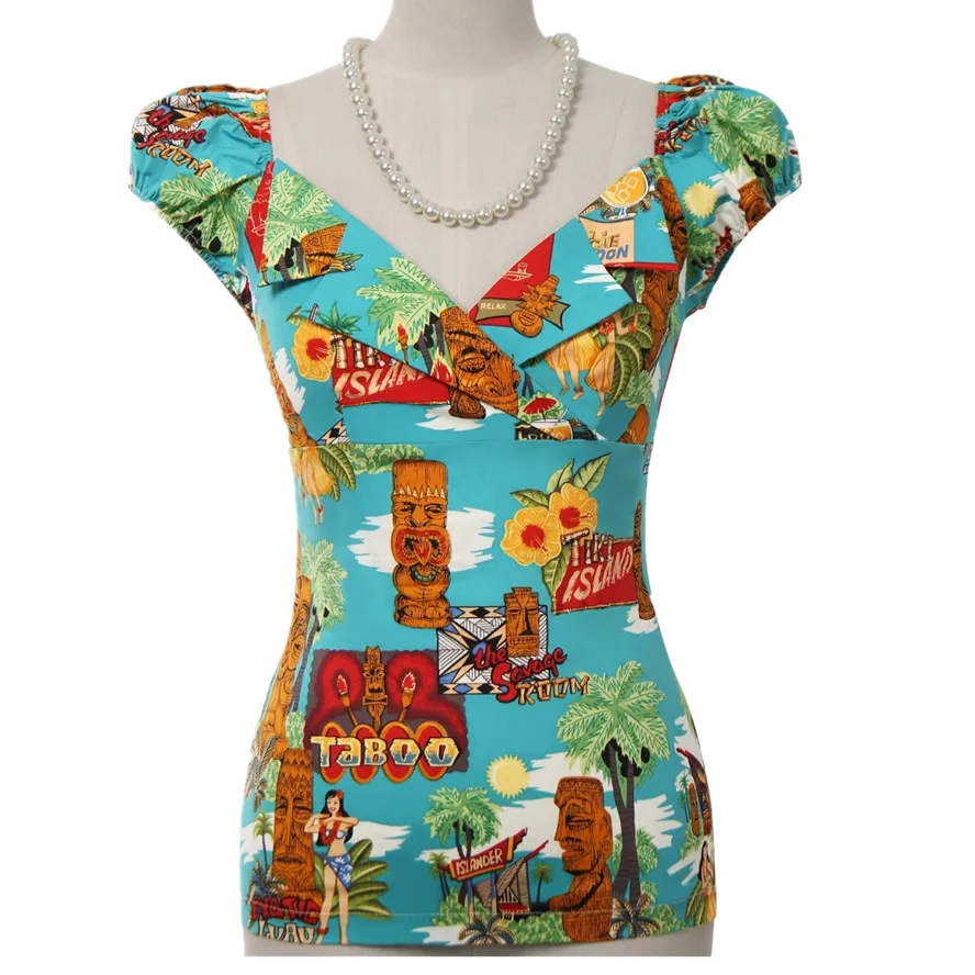 Женский винтажный Топ 50s pinup зеленый топ с принтом moai треугольным вырезом и