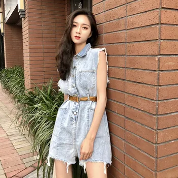 

Summer Women Straight One-piece Pants Blue Denim Jumpsuits Sleeveless Loose Casual Jeans Overall Female Retro Rompers Bodysuits