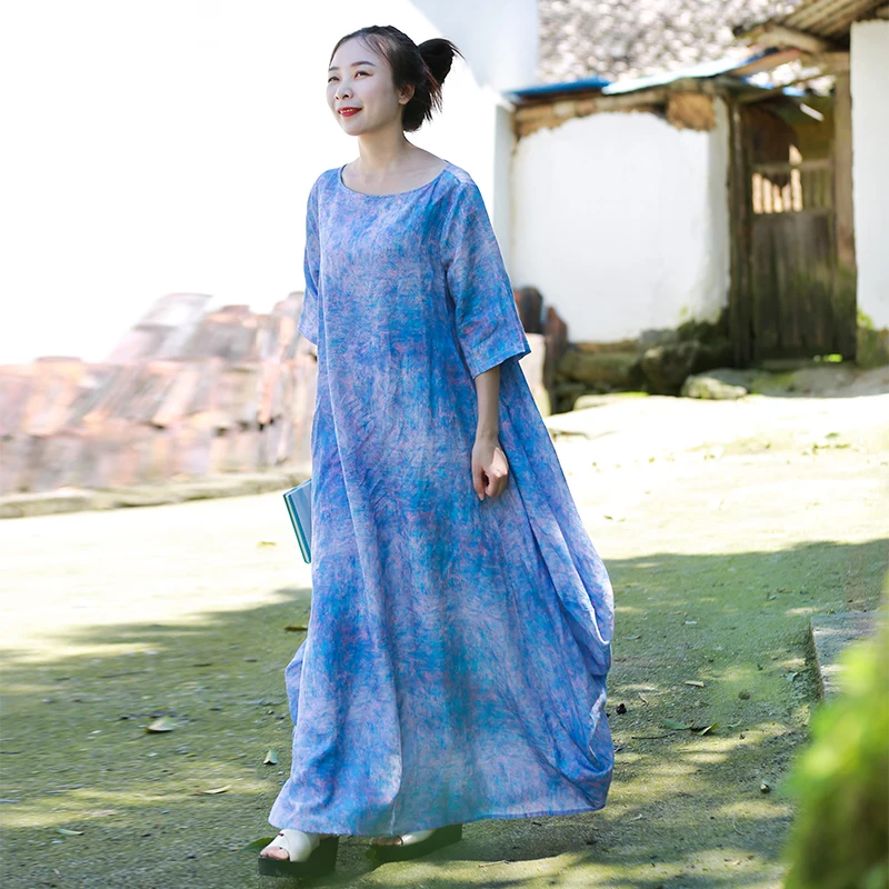 LZJN Women Elegant Maxi Dress Short Sleeve Loose Kaftan Dresses O Neck Summer Female Clothes Casual Vestidos Plus Size (6)