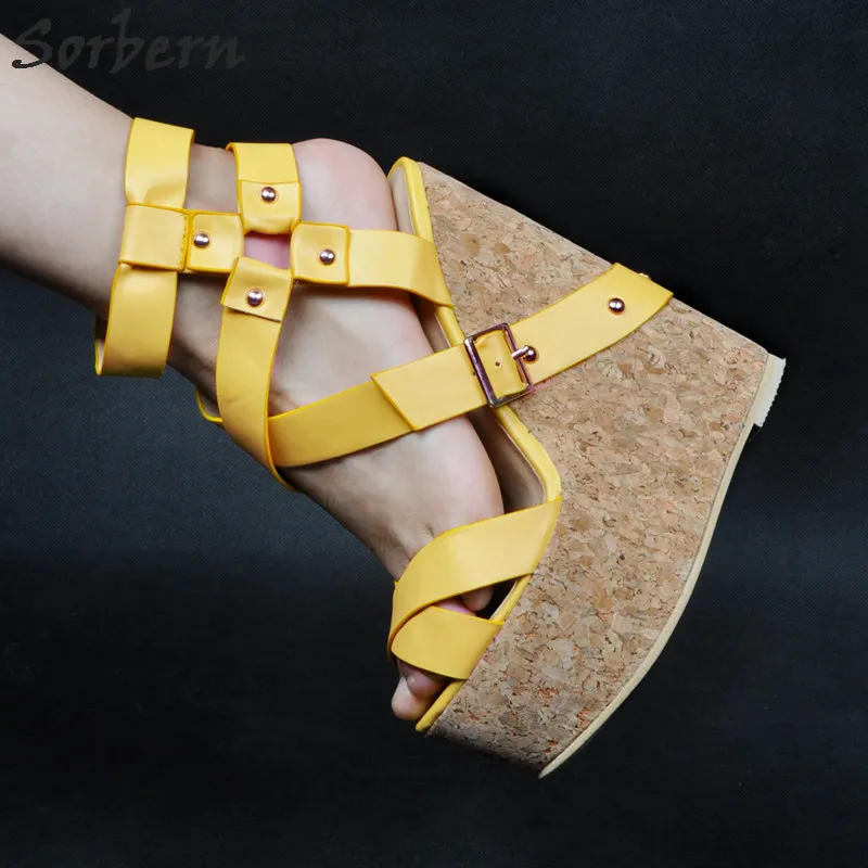 Sorbern/Роскошная обувь на танкетке для женщин; женские босоножки размера плюс; дизайнерская обувь из искусственной кожи желтого цвета на молнии; роскошная женская обувь; коллекция года; женские босоножки