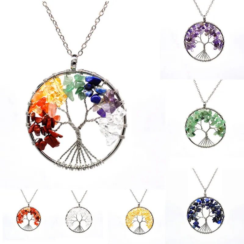 

Natural Crushed Stone Crystal Tree of Life Colorful Natural Stone Fortune Tree Necklace Fashion Necklaces for Women 2019