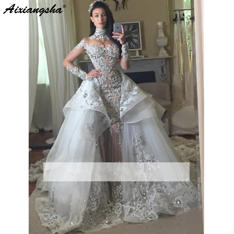 Vestido De Noiva 2019 мусульманское свадебное платье Русалка Иллюзия с длинным рукавом кружево кристаллы Дубай арабское свадебное платье свадебные