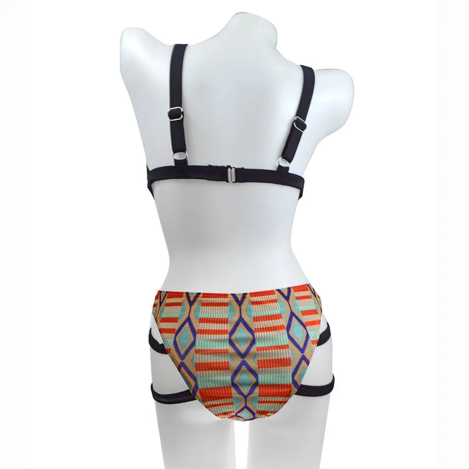 Brazilian Tribal Print High Waist Bikini Swimsuit 2016 Caged Bandage Swim Suit Two Piece Swimwear Women Bathing Suit (2)