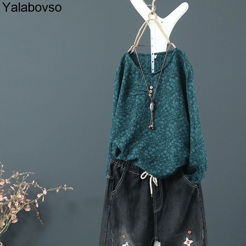 

3 Button Chinese Styles Long Sleeve Tops Women T-Shirts O-Neck Cotton Linen Female T-Shirt Slim Bottoming Tees for woan A74-Z40