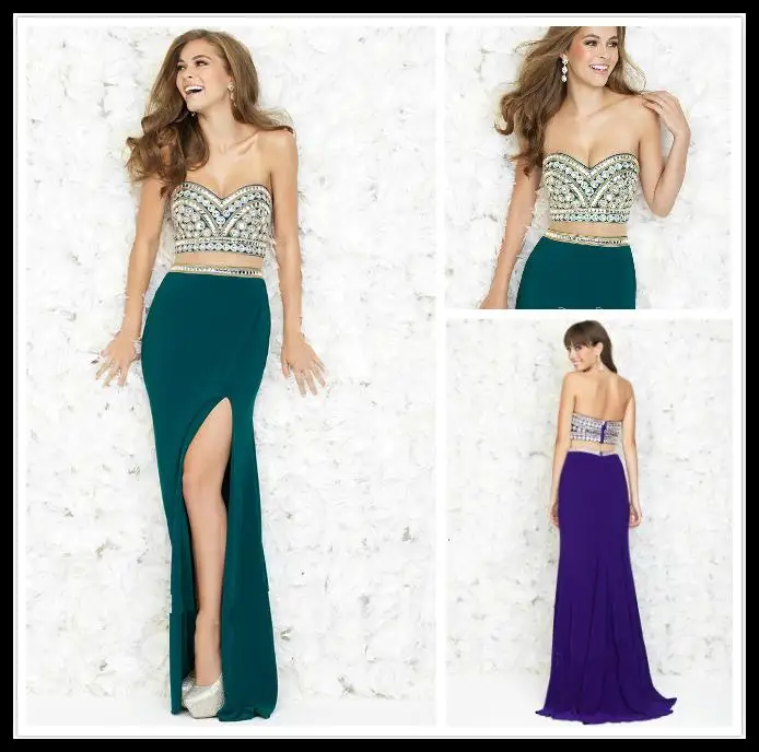  Sexy Hunter 2015 Two Pieces Prom Dresses With Crystal Sweetheart Mermaid Floor Length Women's Party Gowns Formal Chiffon Evening Dress