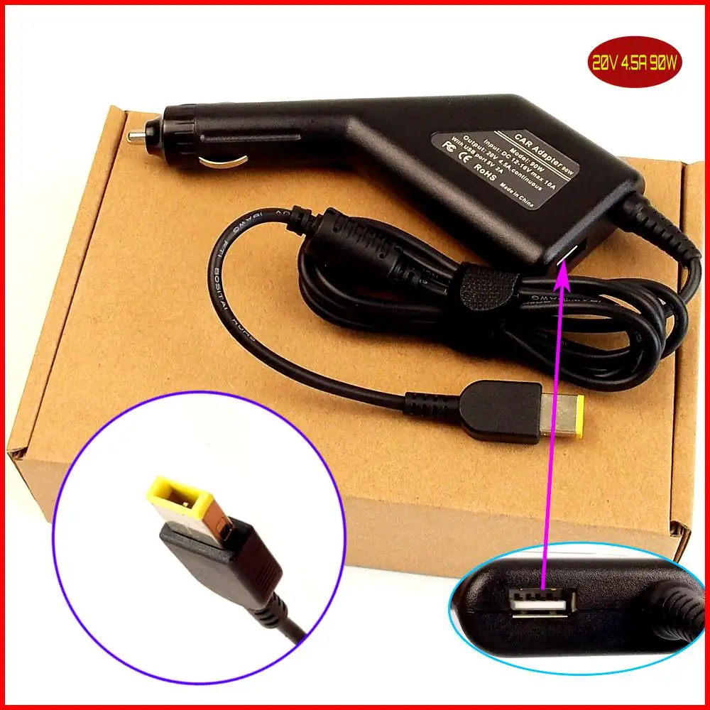 Laptop Dc Power Car Adapter Charger 20v 4.5a 90w + Usb Port For Lenovo