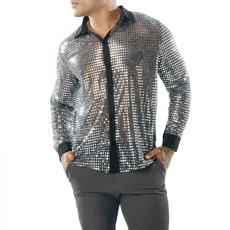 

2019 New Men's Sexy Sequin Transparent Shirt Black See Through Shirt Male Long Sleeve Nightclub Shiny Gold Shirt S-2XL