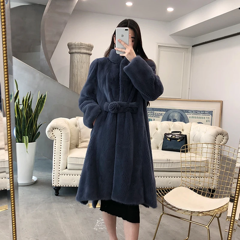 

2019 winter new real leather mink coat female long section collar slim fashion elegant warm suede mink fur coat