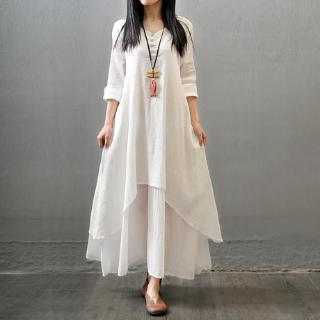 

Fake Two Piece Loose Long-sleeve Linen Women White Dress Artistic Long Gowns Cotton Maxi Dresses Vintage Dress