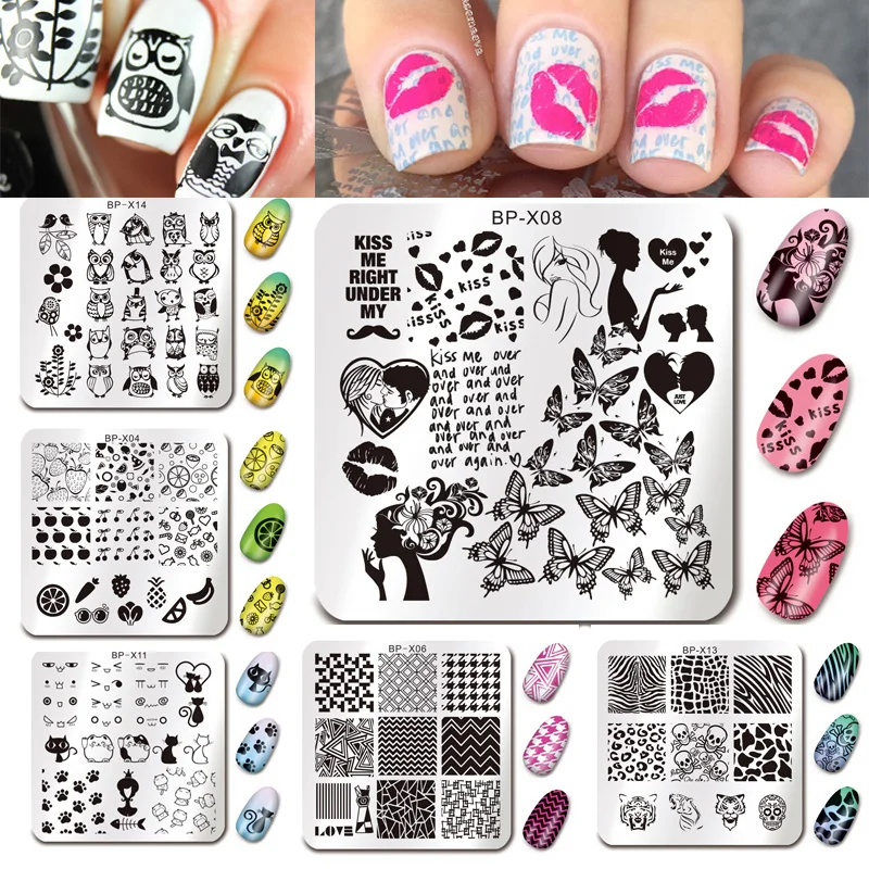 BORN PRETTY 15Pcs Nail Stamping Plate Square Animal Manicure Geometry Nail Art Stamp Image Print Template Stencils Tool Set 4pcs christmas halloween owl 4 design stainless steel nail plates nail art image konad print stamp stamping manicure template