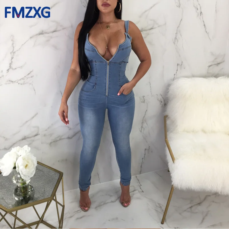 

Sexy Club Deep V Spaghetti Strap Denim Jeans Jumpsuit Women Long Pants Sleeveless Backless Zipper Pocket Blue Jumpsuits Overalls
