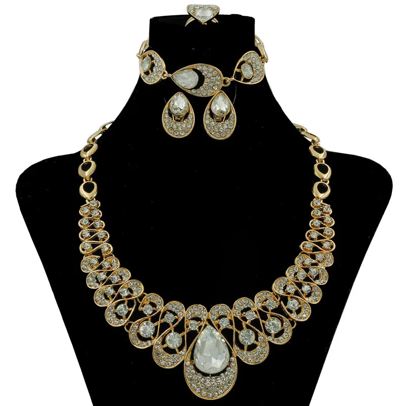 Europe Fashion Prom Luxury 18 Gold Jewelry Sets Crystal Necklace Ring