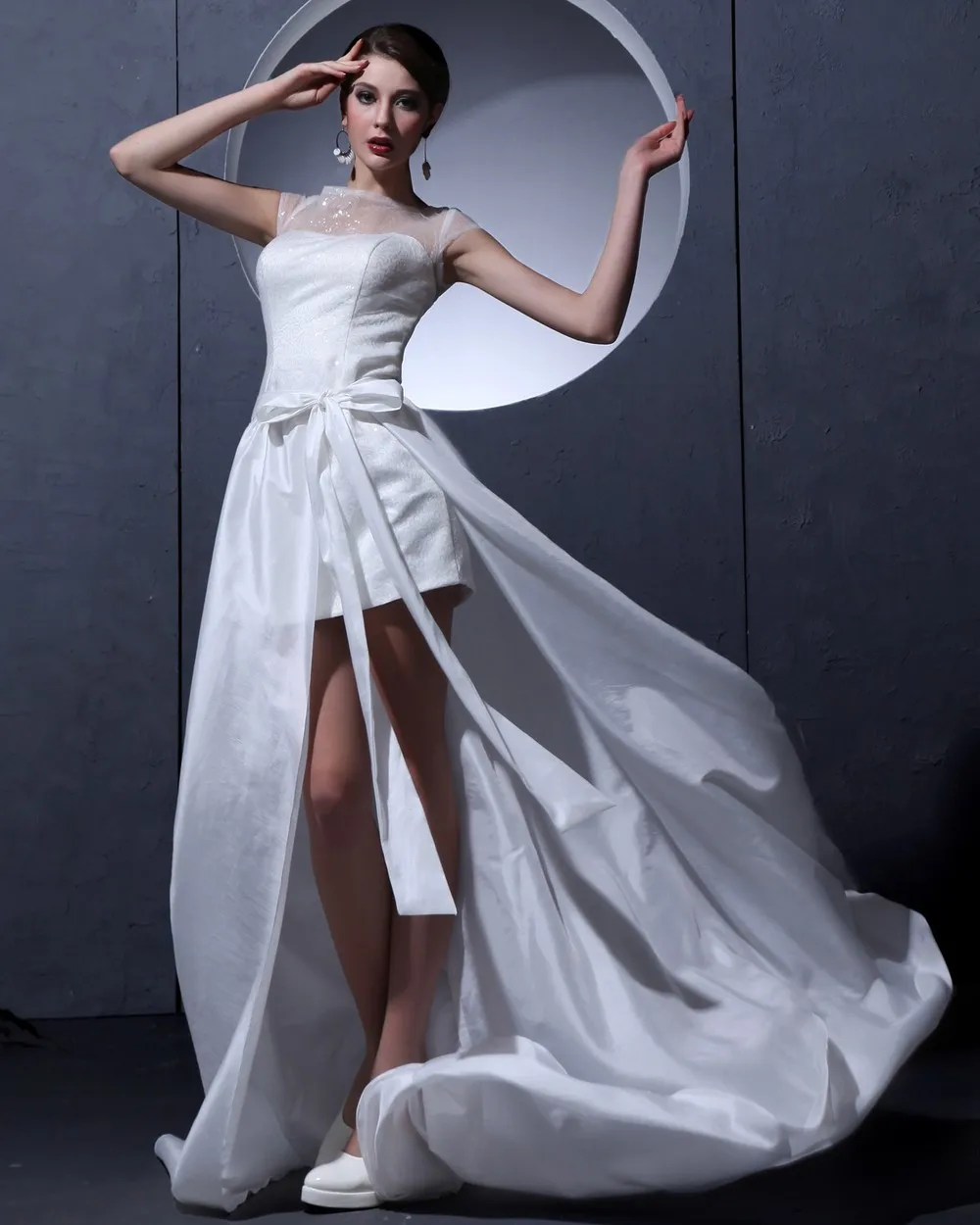Newly Party White Satin Short Sleeves Sexy Short Dress with Removable Train Cheap Dress for