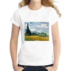 Новые летние для женщин футболка с кружевными рукавами футболки топы, футболки белые облака джунгли с белые футболки Harajuku 2019 Ван Гог