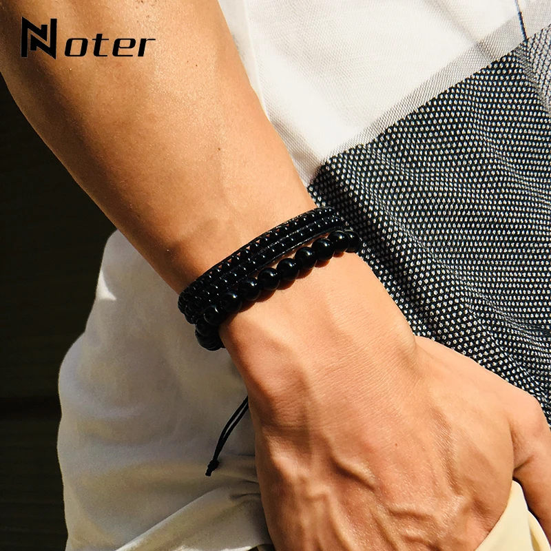 

Noter 2pcs Bracelet Set For Men Boys 4mm 8mm Natural Obsidian Stone Beads Braclet Weaving Rope Brazalete For Hombre Jewelry Gift