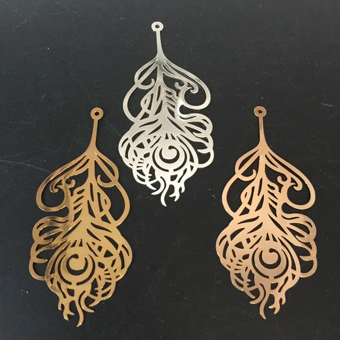 

10 PCS 65*29mm Fashion Metal Copper KC Gold Silver Gold Filigree Wraps Feather Pendant Charms For Jewelry Making