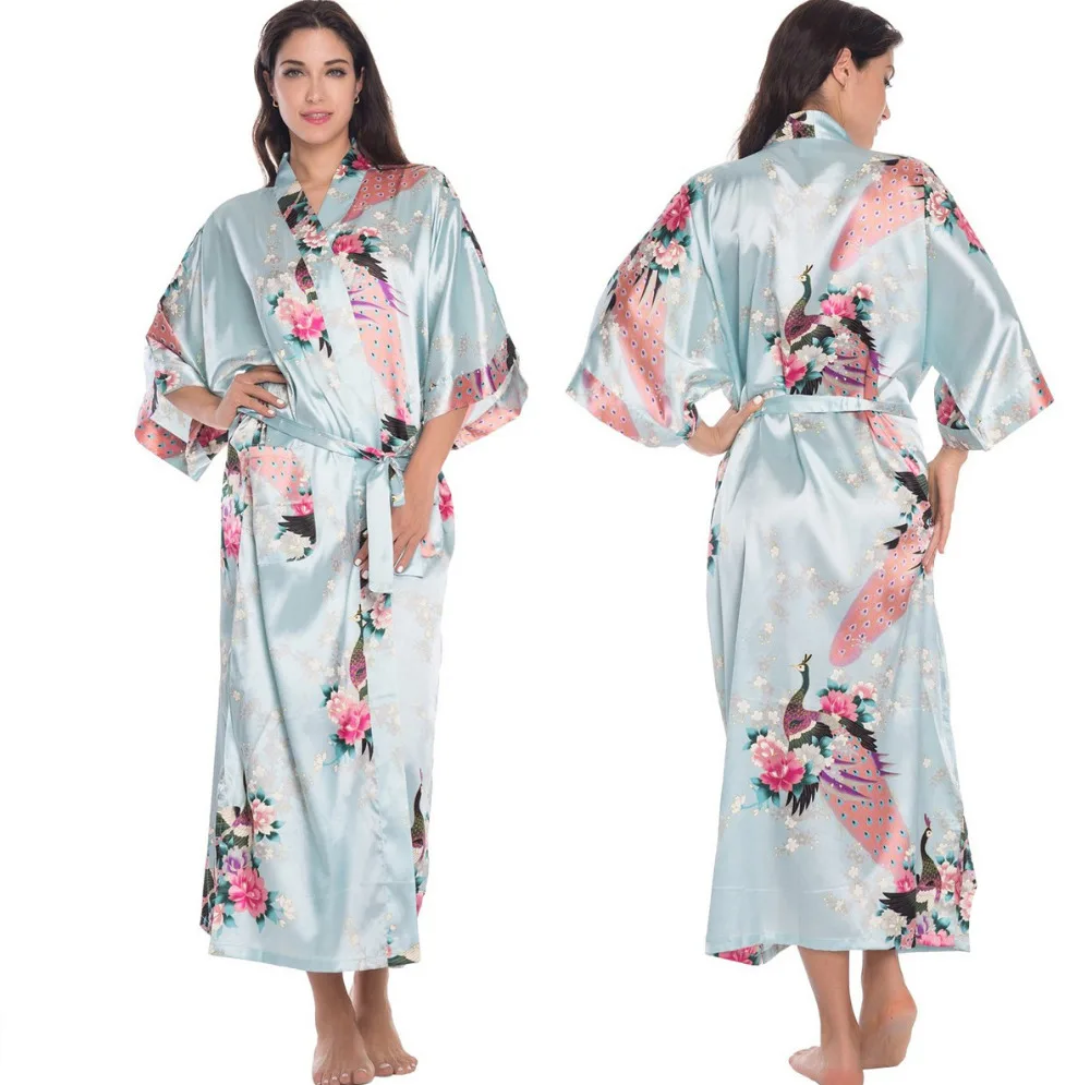 Удлинить ночная рубашка павлиньей расцветки Для женщин халат кимоно Свадебный халат ночная рубашка шелковый атлас Плюс Размеры S-XXXL WR0042015