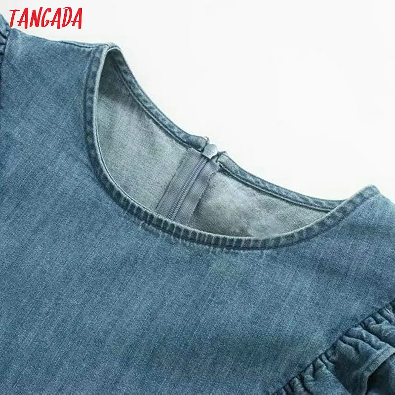 Tangada, Женская винтажная Джинсовая блузка, осень, о-образный вырез, с оборками, длинный рукав, рубашки, женские шикарные топы 4M29