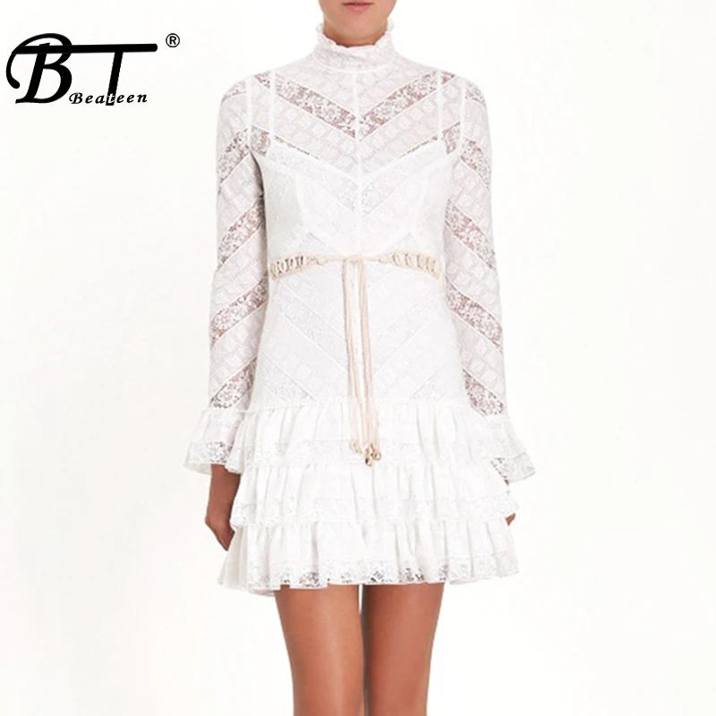 

Beateen 2019 New Sweet Girls Turtle Neckline Lace Sashes Flare Long Sleeves Multiple Ruffle Mini Party Dress White