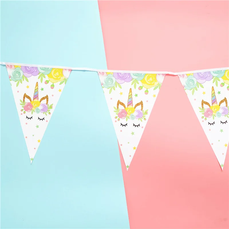 Вечерние баннеры с розовым единорогом/Подарочный пакет/воздушные шары/тарелка чашка для попкорна детские украшения торта на первый день рождения Детские вечерние принадлежности - Цвет: New Flags 10pcs