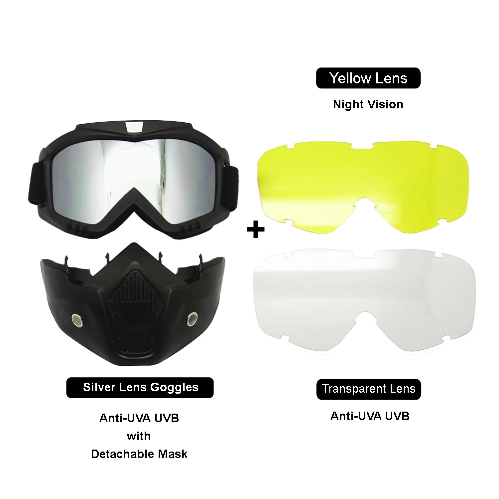 

Motorcycling Face Mask, Helmet Goggles Protective Gear Padding, UV400 Cycling Sunglasses Road Racing 4 Lenses Optional