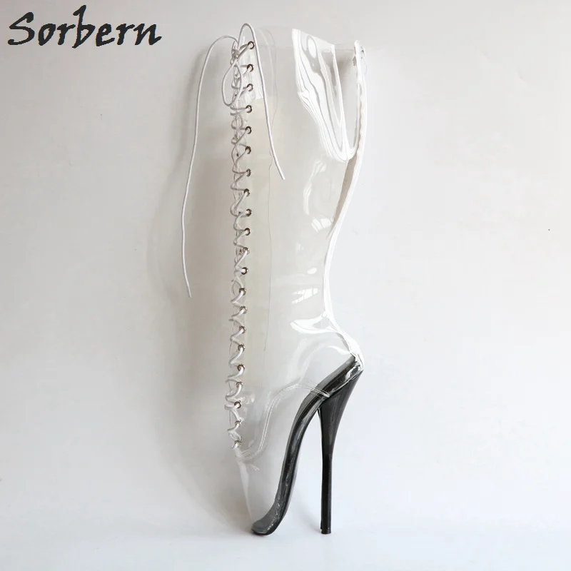 Sorbern/женские сапоги до колена из прозрачного ПВХ, балетные туфли на высоком каблуке, на шнуровке, цвета на заказ, пикантные Фетиш-сапоги