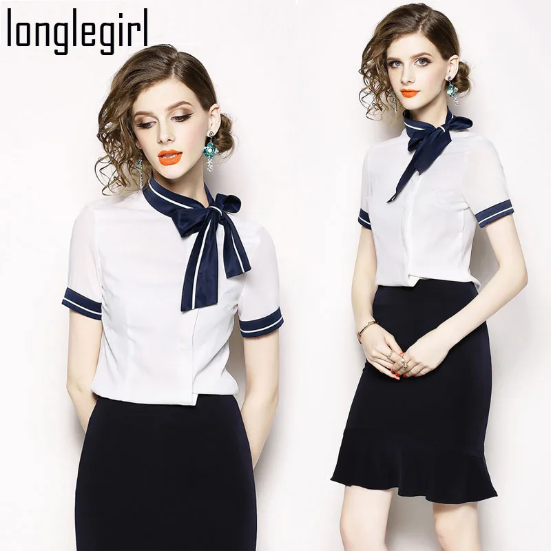 Summer Women Two Piece Suit Set Female Dress Formal Office Lady Set White Short Sleeve Bow Neck Shirt + Black Half Skirt S-XXL Summer Women Two Piece Suit Set Female Dress Formal Office Lady Set White Short Sleeve Bow Neck Shirt + Black Half Skirt S-XXL