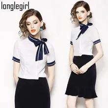 Summer Women Two Piece Suit Set Female Dress Formal Office Lady Set White Short Sleeve Bow Neck Shirt + Black Half Skirt S-XXL Summer Women Two Piece Suit Set Female Dress Formal Office Lady Set White Short Sleeve Bow Neck Shirt + Black Half Skirt S-XXL