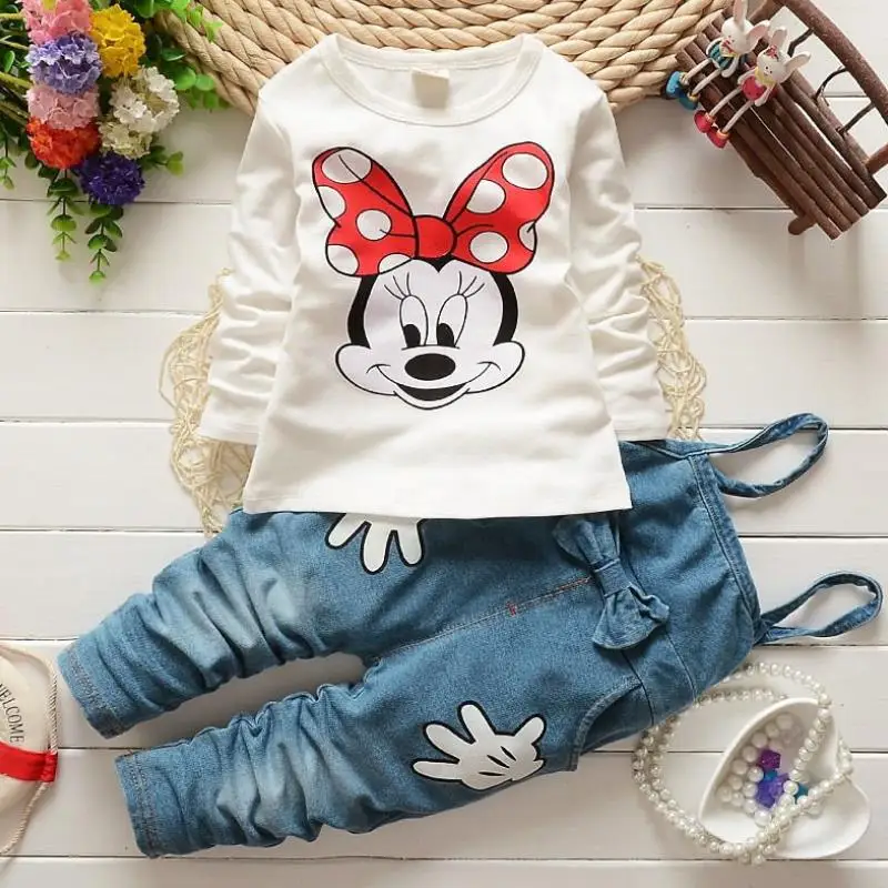 Весенний комплект одежды с Минни для маленьких девочек, детский комбинезон, джинсовые штаны+ блузка, топ с длинными рукавами, комплект одежды для детей
