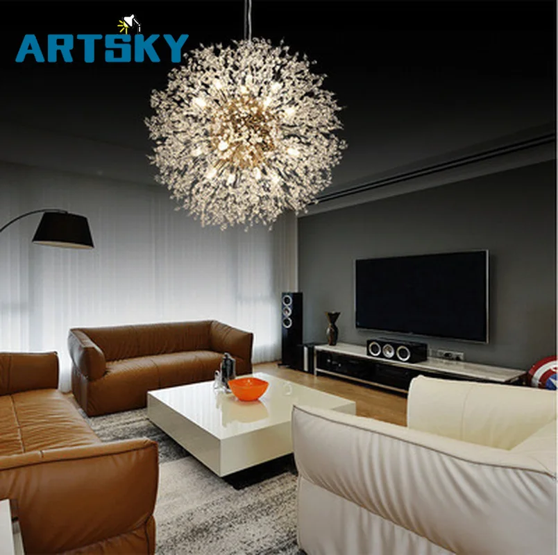 

Chrome-plated Golden Dandelion Hanging Crystal LED Pendant Lighting Fixture for Bedroom Decorating