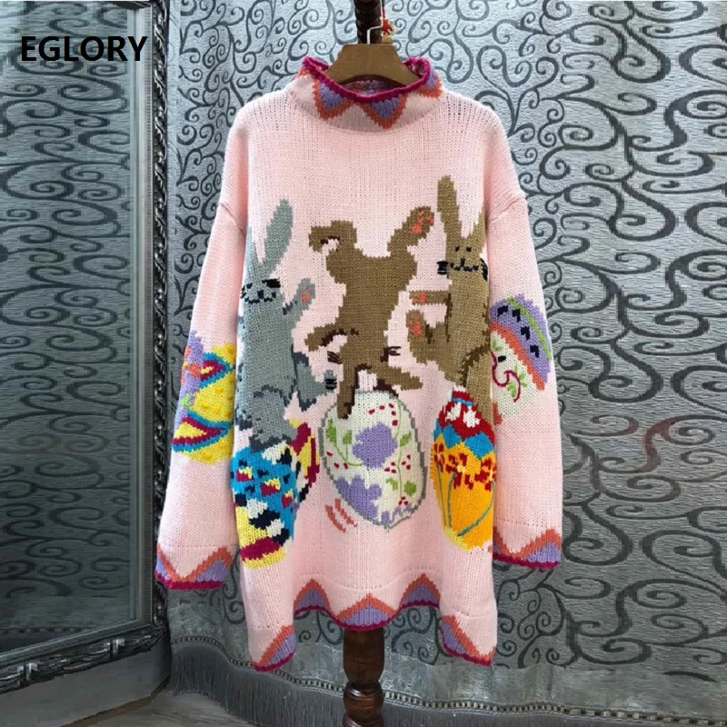 

High Quality Sweaters 2019 Autumn Winter Knitted Pullovers Women Cute Cartoon Patterns Long Sleeve Casual Pink Jumper Ladies