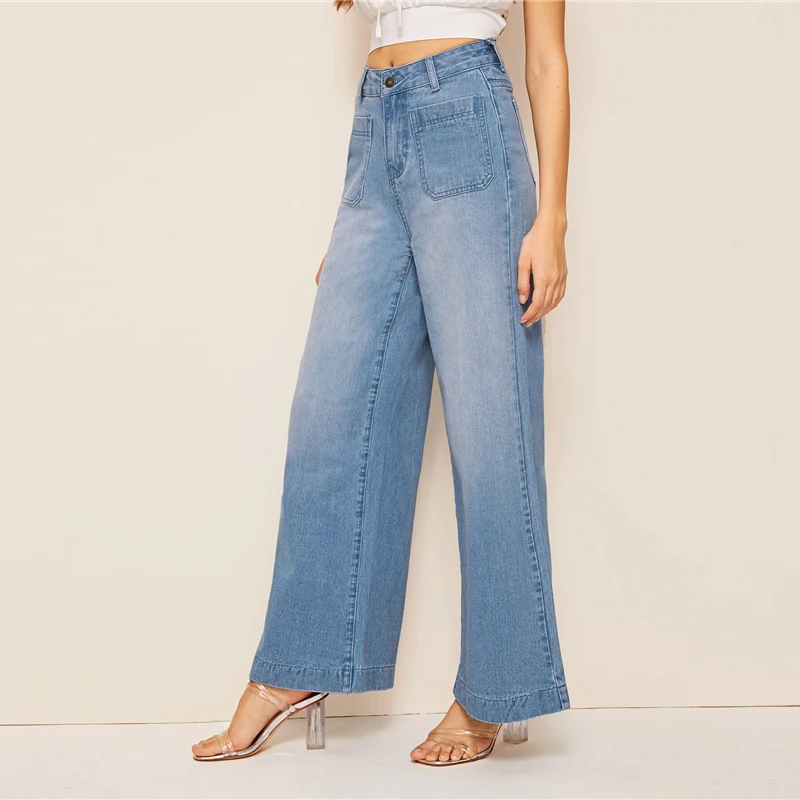 Sheinside Blue Vintage Double Pocket Detail Jeans Women Summer Mid Waist Wide Leg Trousers Ladies Denim Button Pants