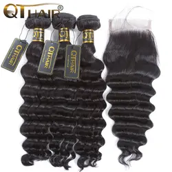 QT волосы свободные глубокая волна пучок s с закрытием перуанские волосы 3 пучка s с закрытием не Реми человеческие волосы плетение пучок с