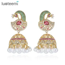 Luoteemi Этническая Свадебные украшения Античное золото Цвет птица с создана жемчужина зонтик падение индийской jhumka jhumki Серьги-гвоздики