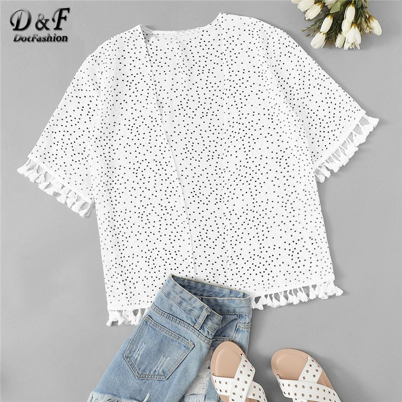 

Dotfashion Beige Fringe Tassel Detail Polka Dot Kimono Womens Tops And Blouses 2019 Summer Casual Beachwear Short Sleeve Kimonos