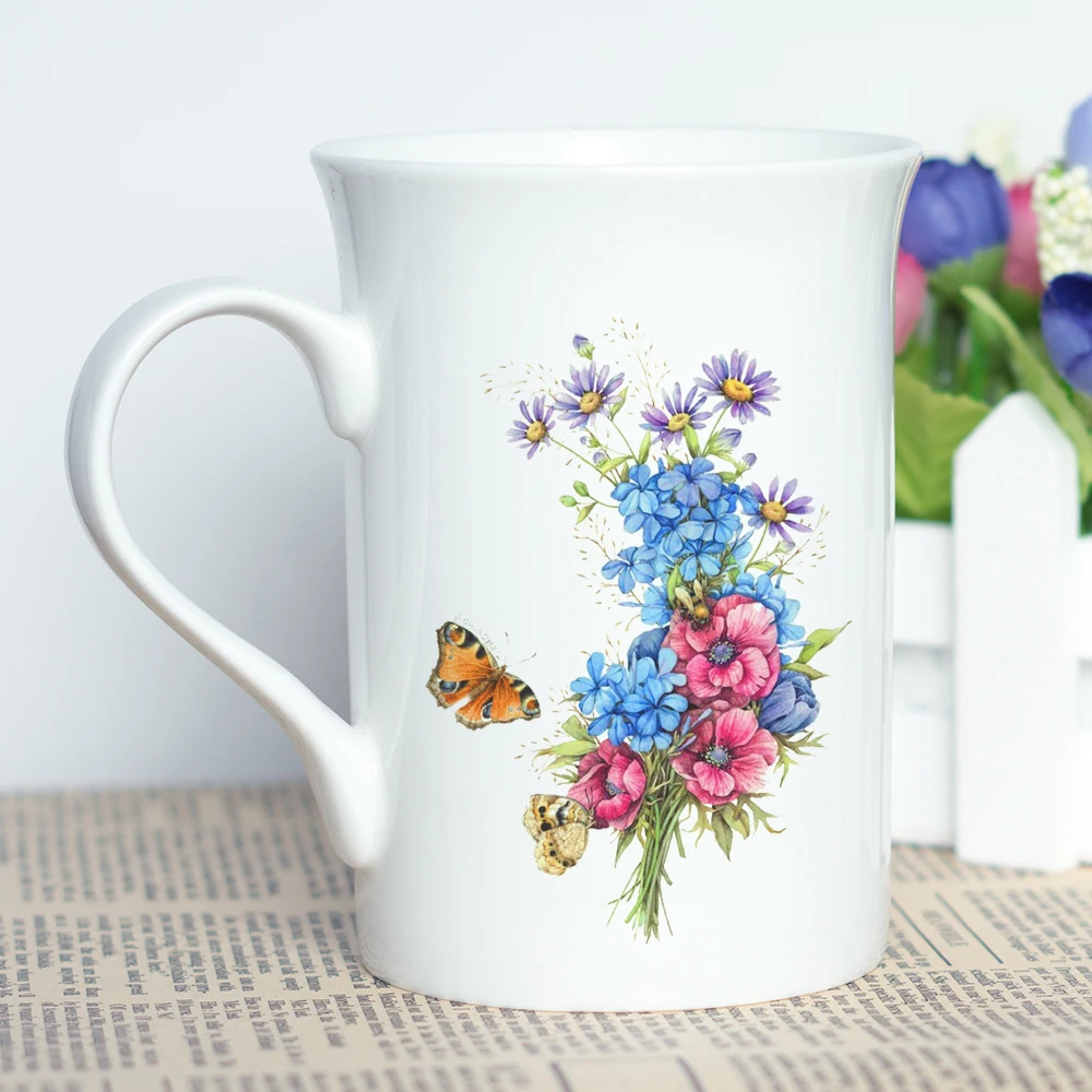 

Women Gift Cup for Coffee Tea Milk Cool Design Butterflies and Flowers Printing Mug New Bone China Ceramic Photo Cup Present