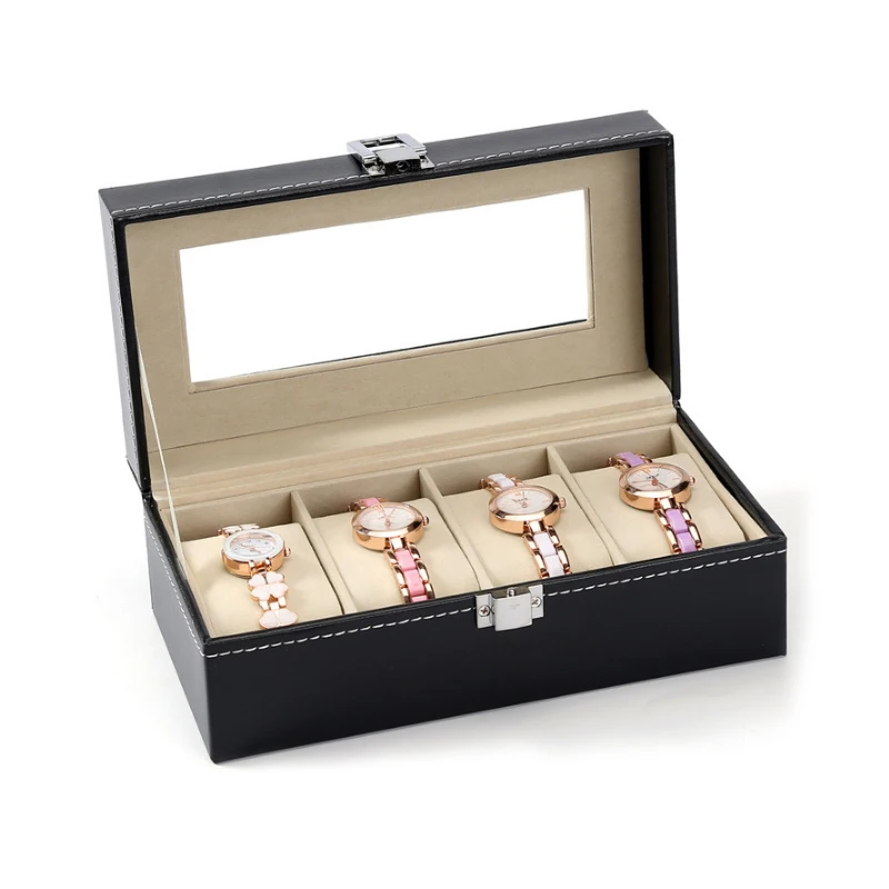 

4 Grid Leather Watch Box Jewelry Storage Organizer Case locked Watch Display Box With Window