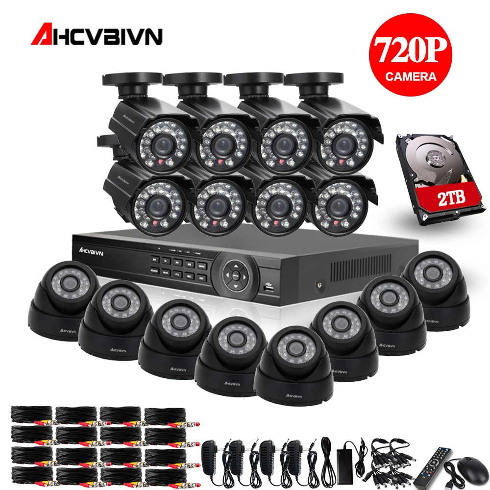  HDD de 2 TB 1.0MP HD 2000TVL seguridad bala Cámara del CCTV Kit de sistema de 16 canales AHD 720 P 