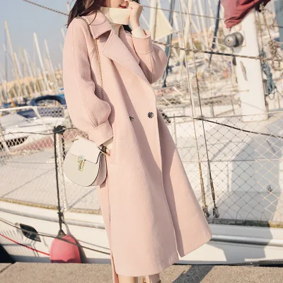 Зимнее женское Шерстяное Пальто, новое длинное шерстяное пальто с рукавами-фонариками, зимнее женское длинное шерстяное пальто большого размера - Цвет: Розовый