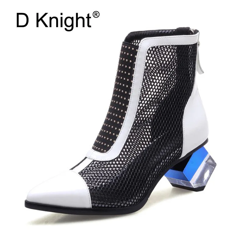 

Summer Boots Shoes Woman 2018 Spring Fashion Mesh Ankle Boots For Women Patent Genuine Leather Color Block High Heels For Woman