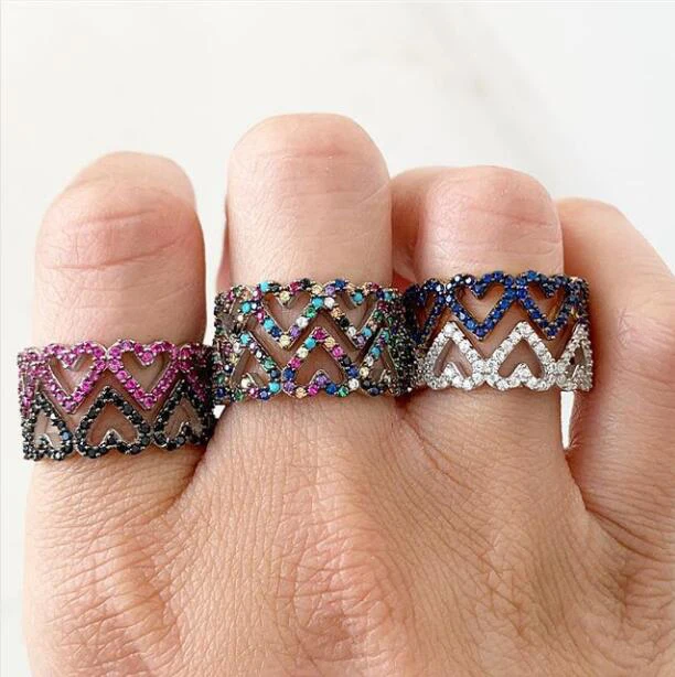 

2019 lover gift for valentines day colorful cz paved hollow heart band lovely trendy women engagement ring