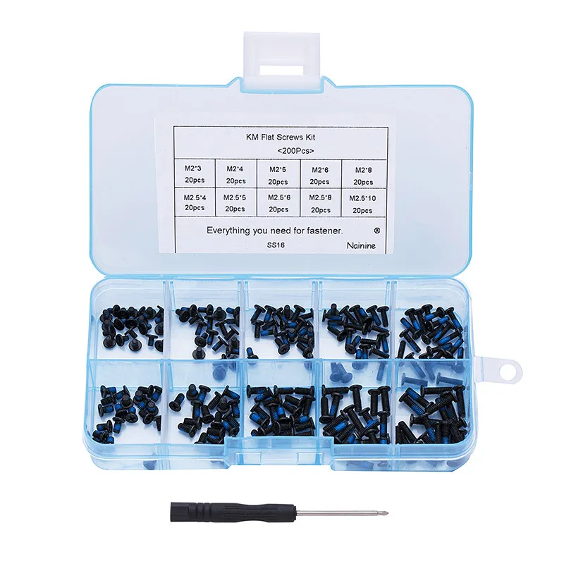 

200Pcs/set M2 M2.5 Mix KM Black Laptop Dispense Flat Head Screws SSD Solid State Disk Machine Screws Assortment Kit SS16