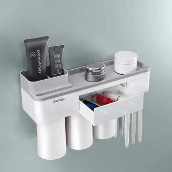 

Magnetic Adsorption Inverted Wall Mounted Toothbrush Holder with Cups Toothpaste Dispenser Makeup Cleaner Bathroom Organizer