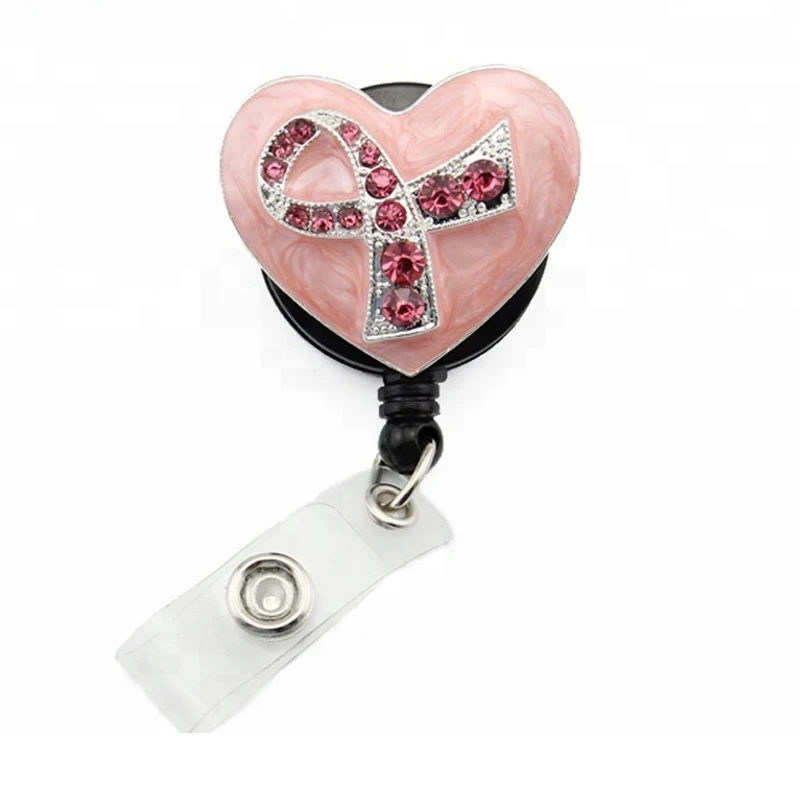 

100pcs/lot Wholesale Fashion Pink enamel Heart Ribbon Rhinestone Crystal id badge holder reel/brooch Pin