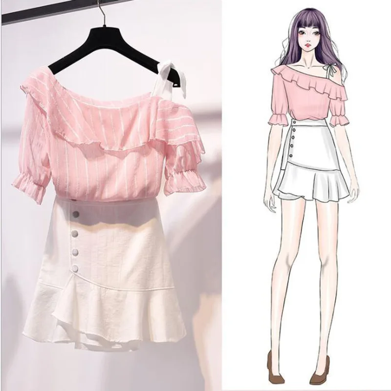 

ICHOIX Sweet off shoulder Shirt 2 pieces skirt set female summer sets Korean two piece outfits ruffles skirt 2 pieces sets